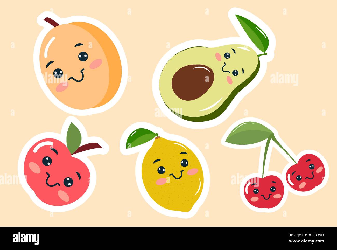 Diese lebendige Vektor-Illustration zeigt entzückende Obst- und Beerenfiguren, einschließlich Kirschen und einer Avocado, die als fröhliche Aufkleber entworfen wurden. Sie Stock Vektor Diese lebendige Vektor-Illustration zeigt entzückende Obst- und Beerenfiguren, einschließlich Kirschen und einer Avocado, die als fröhliche Aufkleber entworfen wurden. Sie Stock Vektor