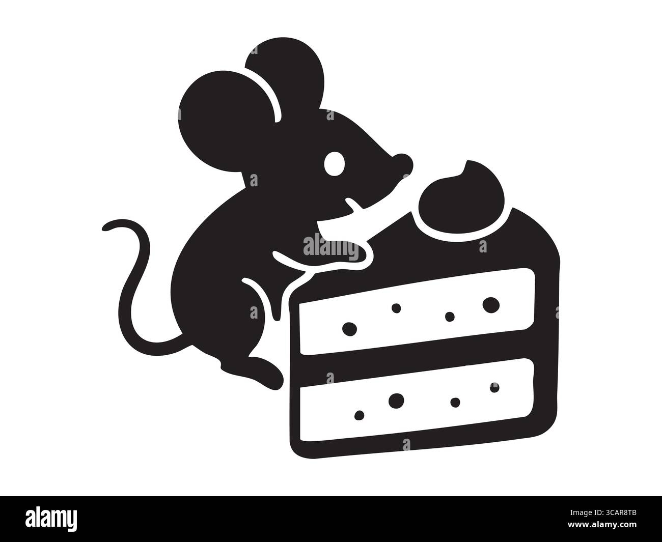 Schwarze Silhouette der Maus, die auf einer Kuchenscheibe sitzt, isoliert auf weißem Hintergrund. Dessert-Konzept, süße Leckereien, Tiersymbole, Geburtstagsparty, süßes Desi Stock Vektor