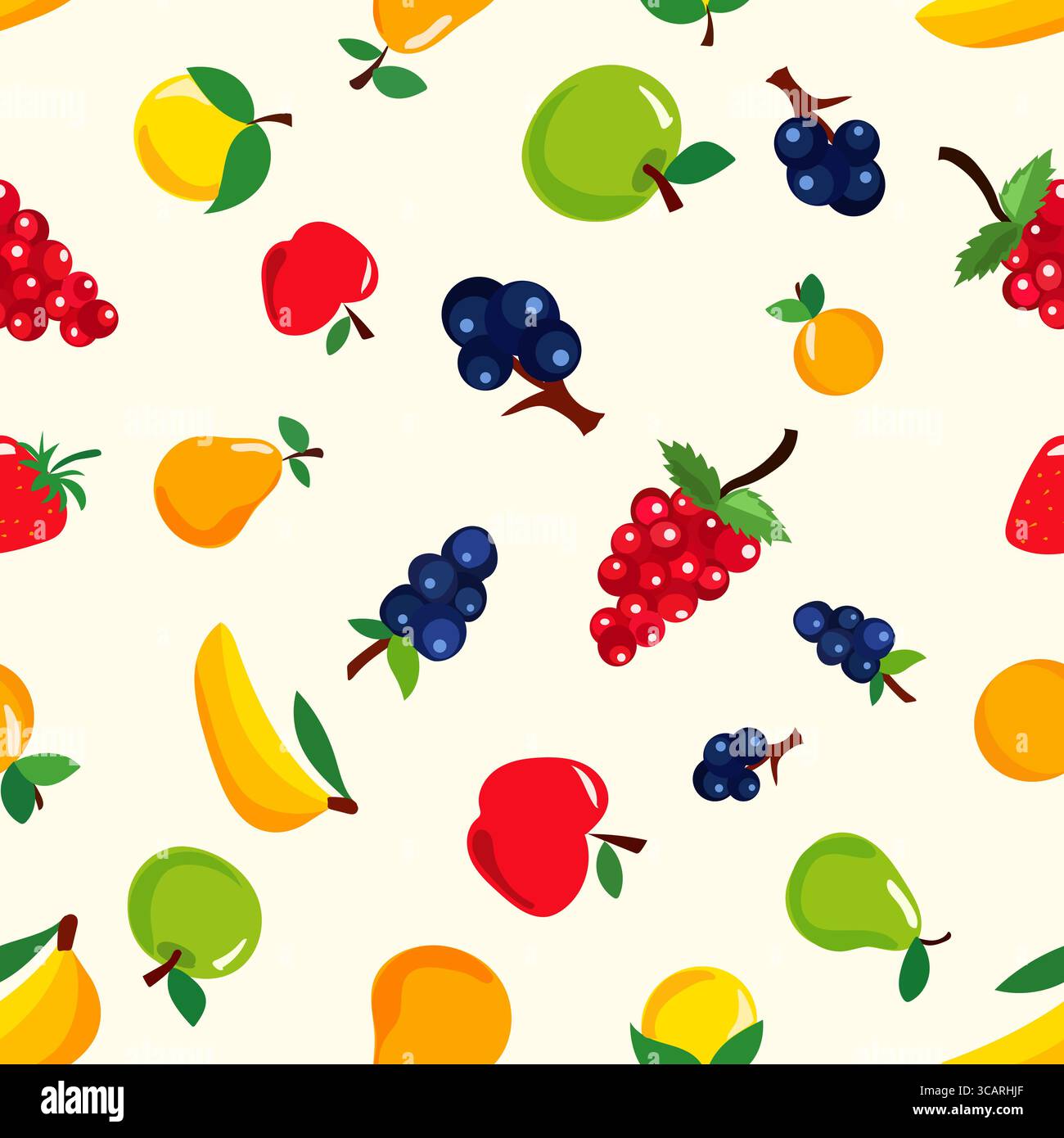 Das lebhafte Design bietet eine Auswahl an Früchten und Beeren, darunter Erdbeeren, Trauben, Äpfel und Bananen vor einem weichen, hellen Hintergrund. Dieses Muster Stock Vektor