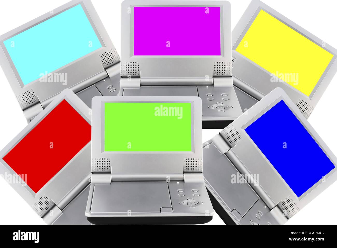 Set tragbarer DVD-Player mit farbigen, transparenten Bildschirmen: Rot, grün, blau, Cyan, Magenta, gelb Stockfoto
