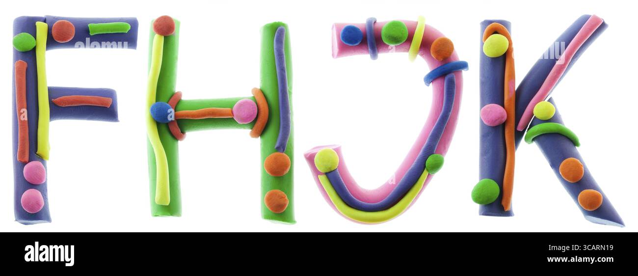 Echte fröhlich Kunststoff Plastilin Alphabet-F, H, J, K-Briefe. Isoliert auf weiss Stockfoto