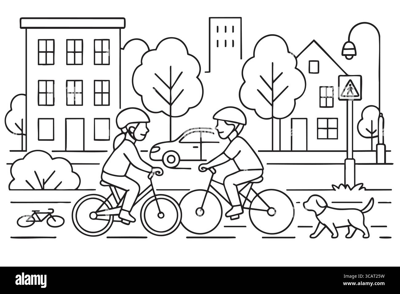 Kinder, die im Stadtpark Fahrrad fahren, Ausmalseite. Stock Vektor