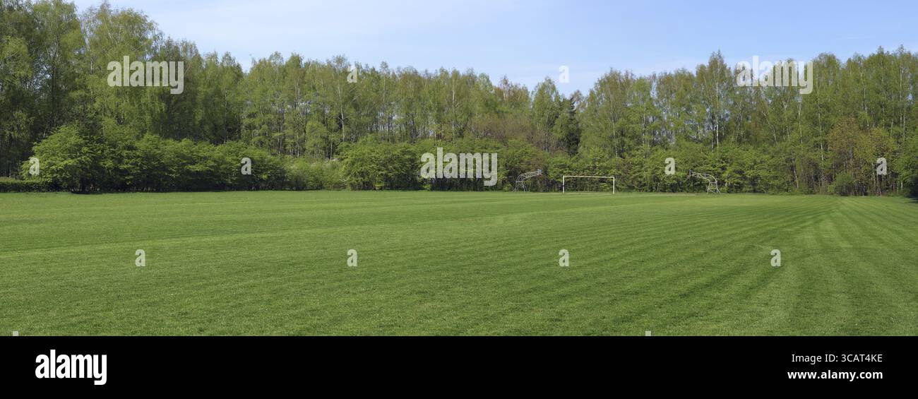 Panorama der frisch geschnittenen Frühling Fußball Rasen des Clubs von der unteren Division. Sonniger Frühlingstag ländliche Landschaft Stockfoto