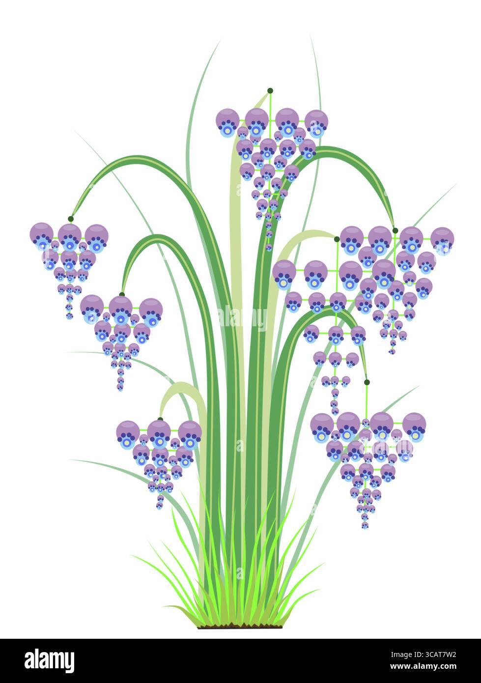 Gemalte abstrakte Illustration eines Frühlingsblühenden Busches mit großen pblauvioletten Glocken Blumen im Gartenbett isoliert Stockfoto
