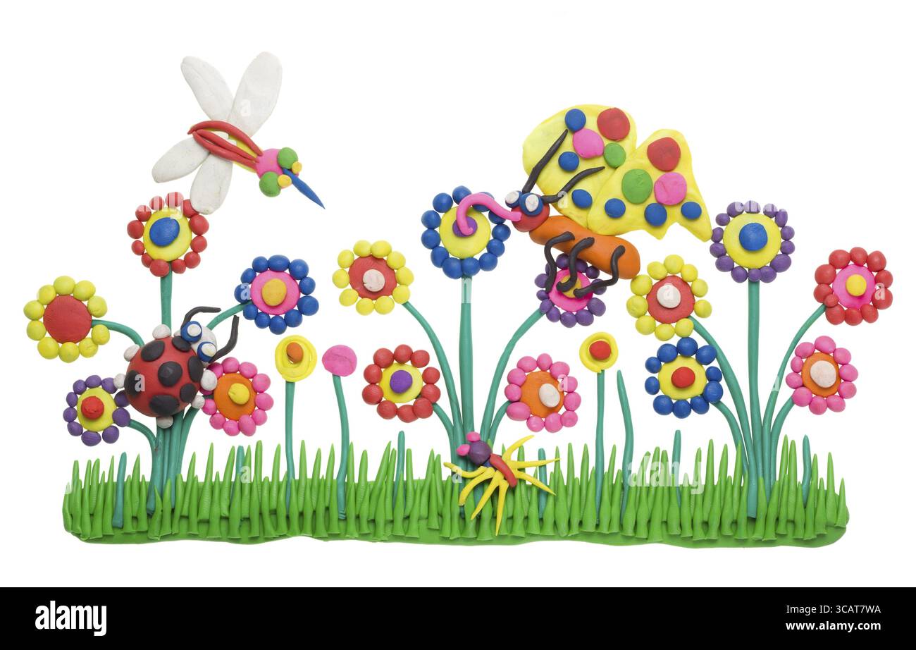 Kunststoff Ton Plastilin Kinder handgefertigte Collage - Insekten leben und Wiese. Isoliert Stockfoto