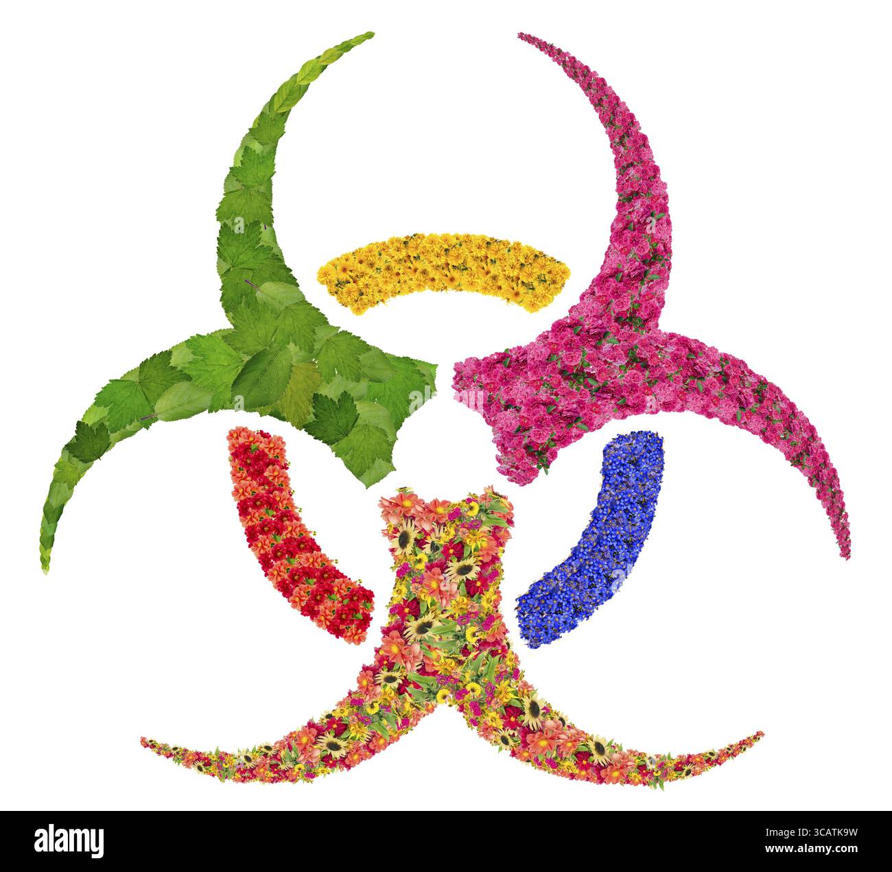 Abstraktes Zeichen - Gefahr Virusgefährdung Angriff und Infektion. Isoliert auf weißer, handgefertigter floraler Collage Stockfoto