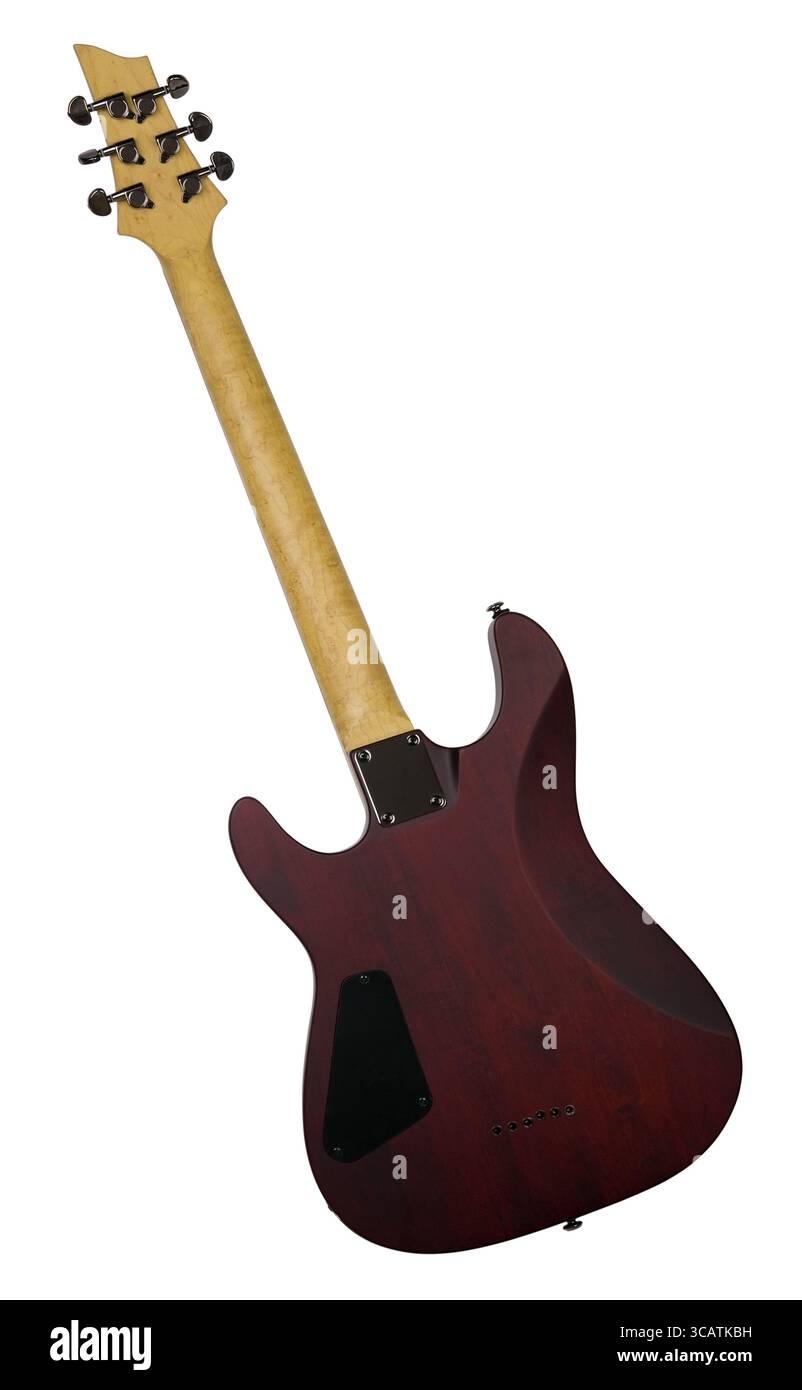 Retro-rot Holz e-Gitarre Rückseite Blick. Massenproduktion. Isoliert mit patch Stockfoto Retro-rot Holz e-Gitarre Rückseite Blick. Massenproduktion. Isoliert mit patch Stockfoto