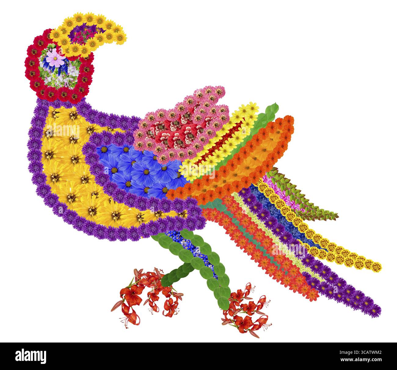 Grundelement des persischen Teppichteppichs--ein Papageienvogel im Paradies. Isolierte abstrakte handgefertigte Collage aus Sommerblumen Stockfoto