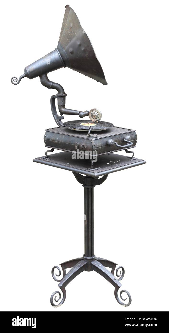 Alter Retro kein Name der Plattenspieler rostet im Regen Stockfoto