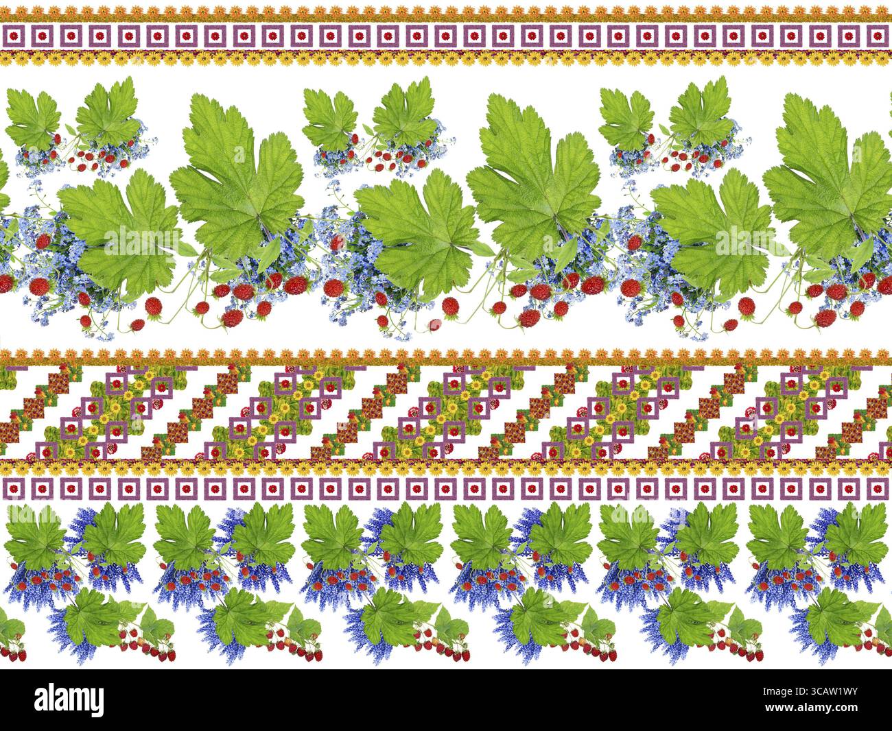 Das Kunstmuster für das traditionelle ukrainische Nationaltrikot (Vyshivanka), inspiriert von hellen Sommerblumen. Isolierte Collage Stockfoto