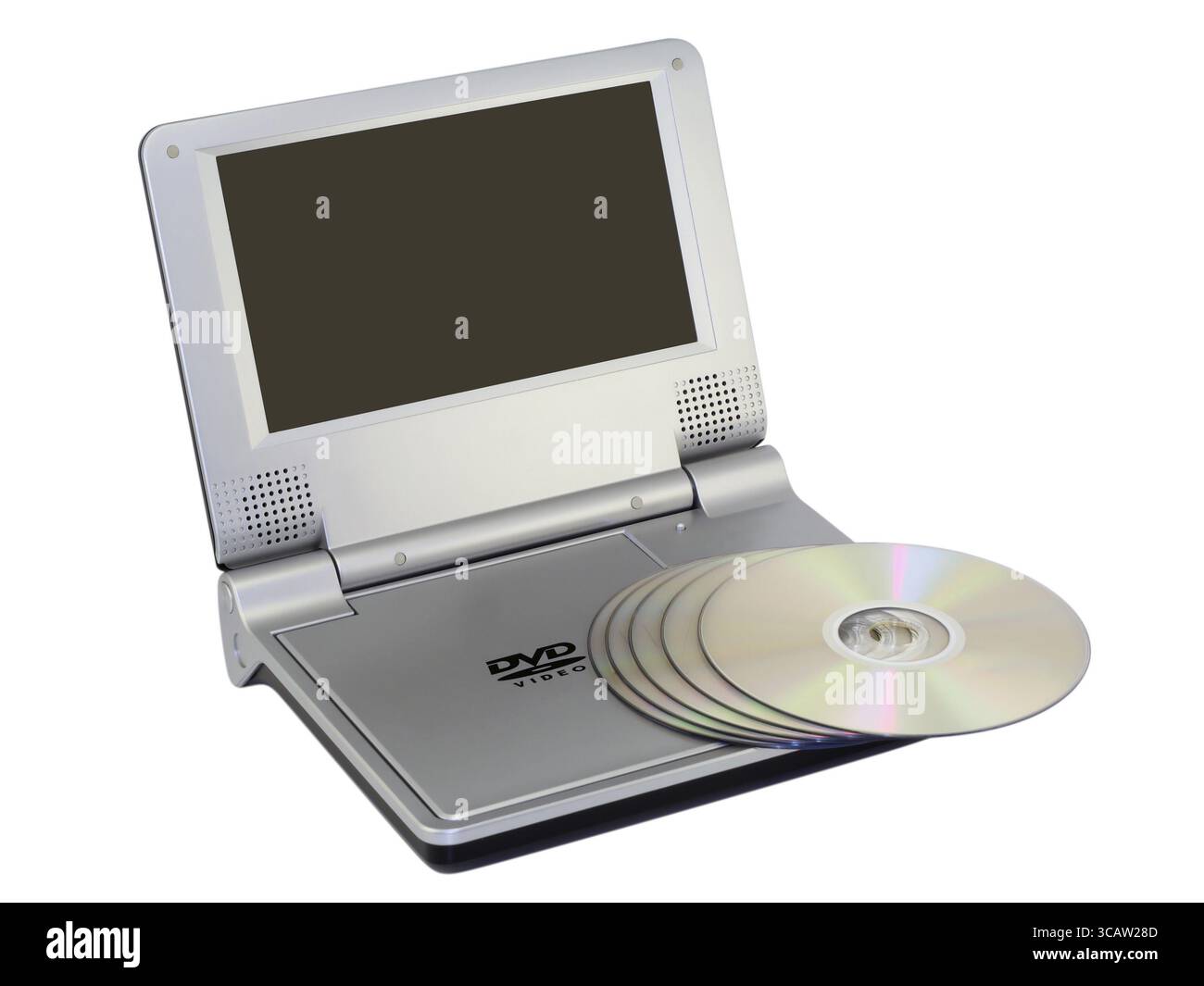 Kleiner tragbarer DVD-Player mit DVD-Discs auf der Abdeckung. Bildschirm löschen. Massenproduktion. Isoliert auf weiß Stockfoto