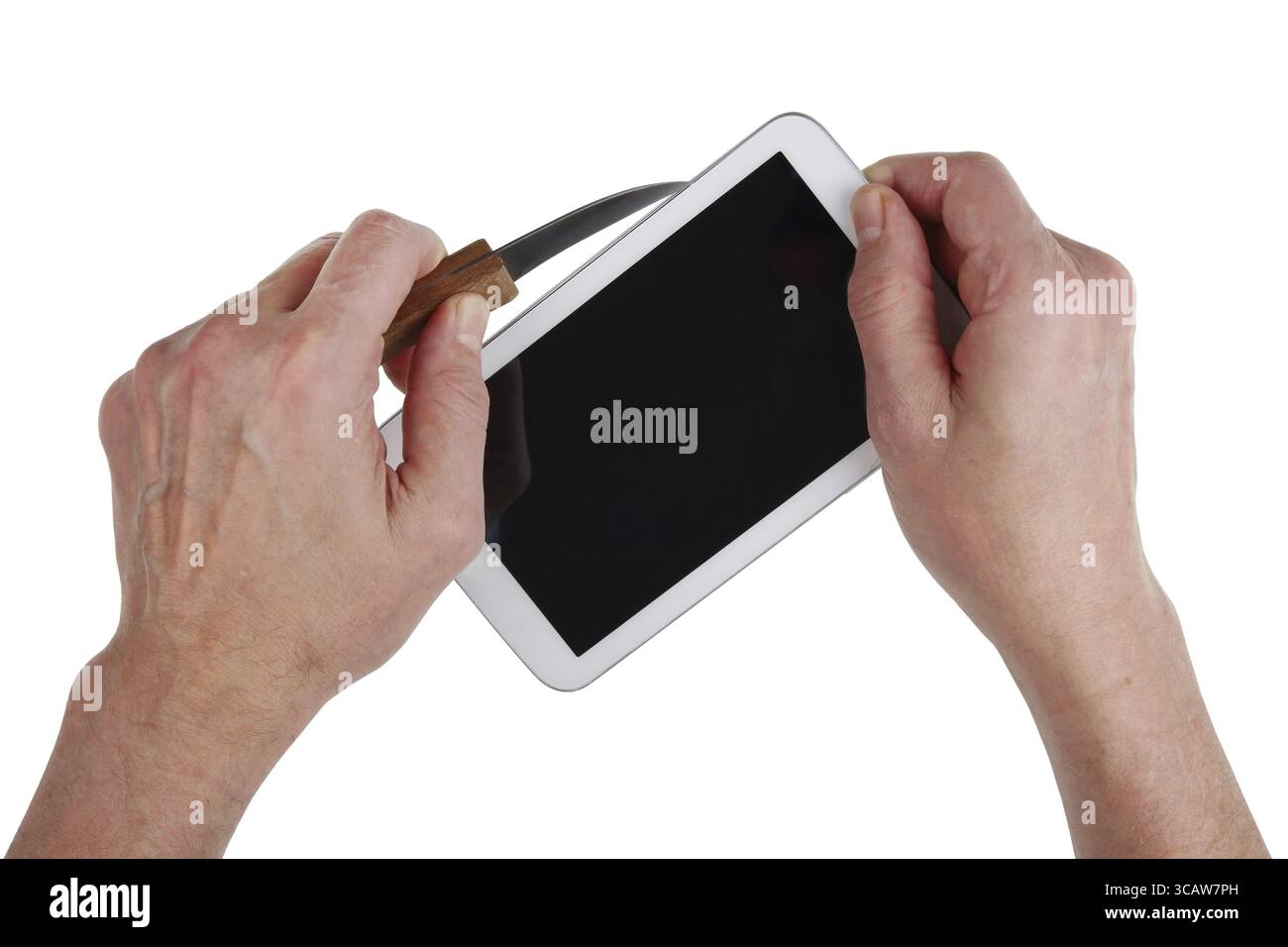 Unprofessionell home Reparatur des Internet Tablet mit einem Küchenmesser Konzept. Auf weissem studio Top View shot Isoliert Stockfoto