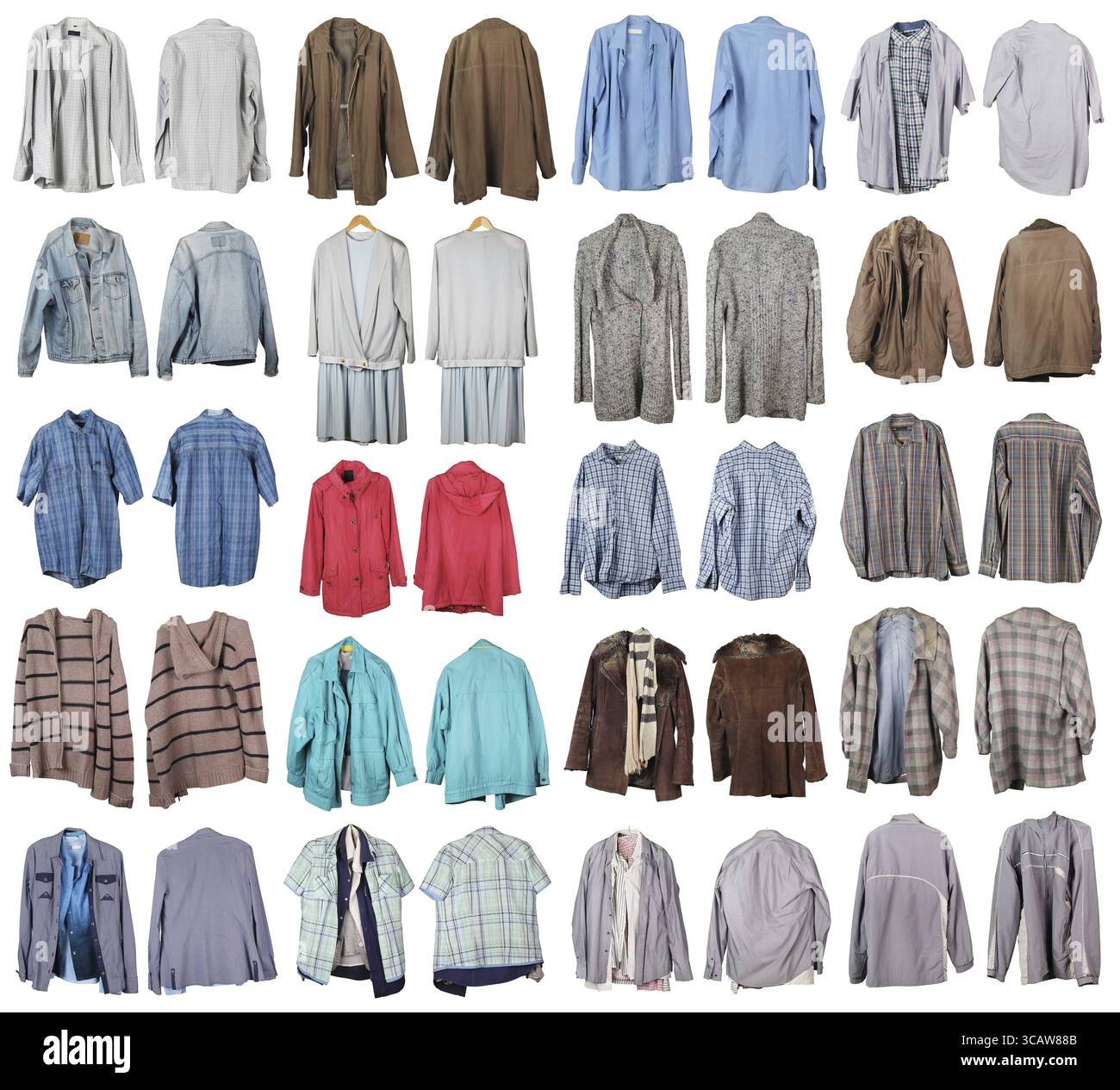 Die alte, getragene Winter- und Sommerkleidung meines Großvaters und meiner Großmutter. Ansicht von beiden Seiten. Isoliert auf einer weißen großen Studio-Collage Stockfoto