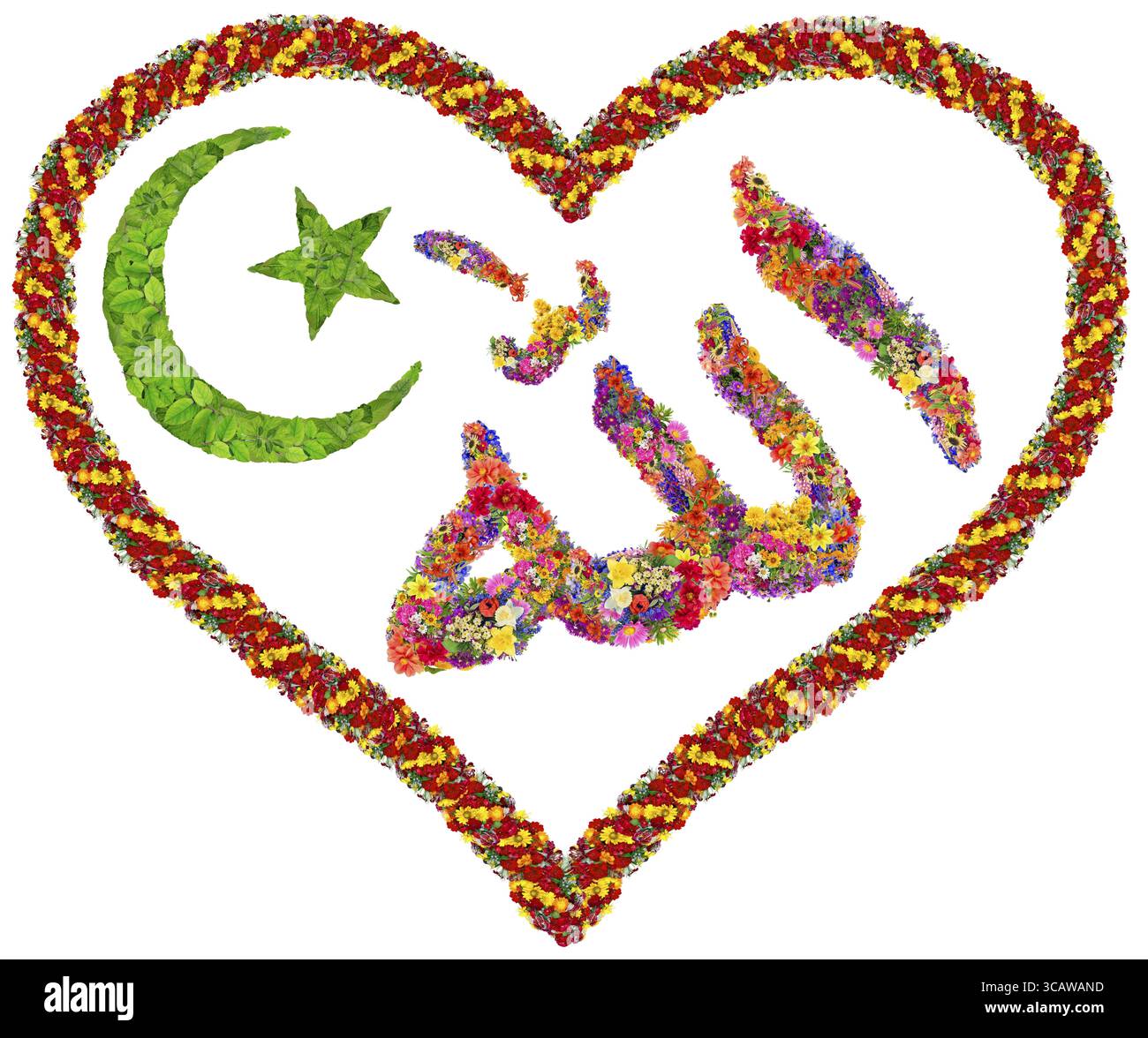Das Wort der Liebe zu Allah steht in den hellen Sommerblumen. Halbmond und Stern des Islam aus grünen Blättern. Handgefertigte isolierte Collage Stockfoto