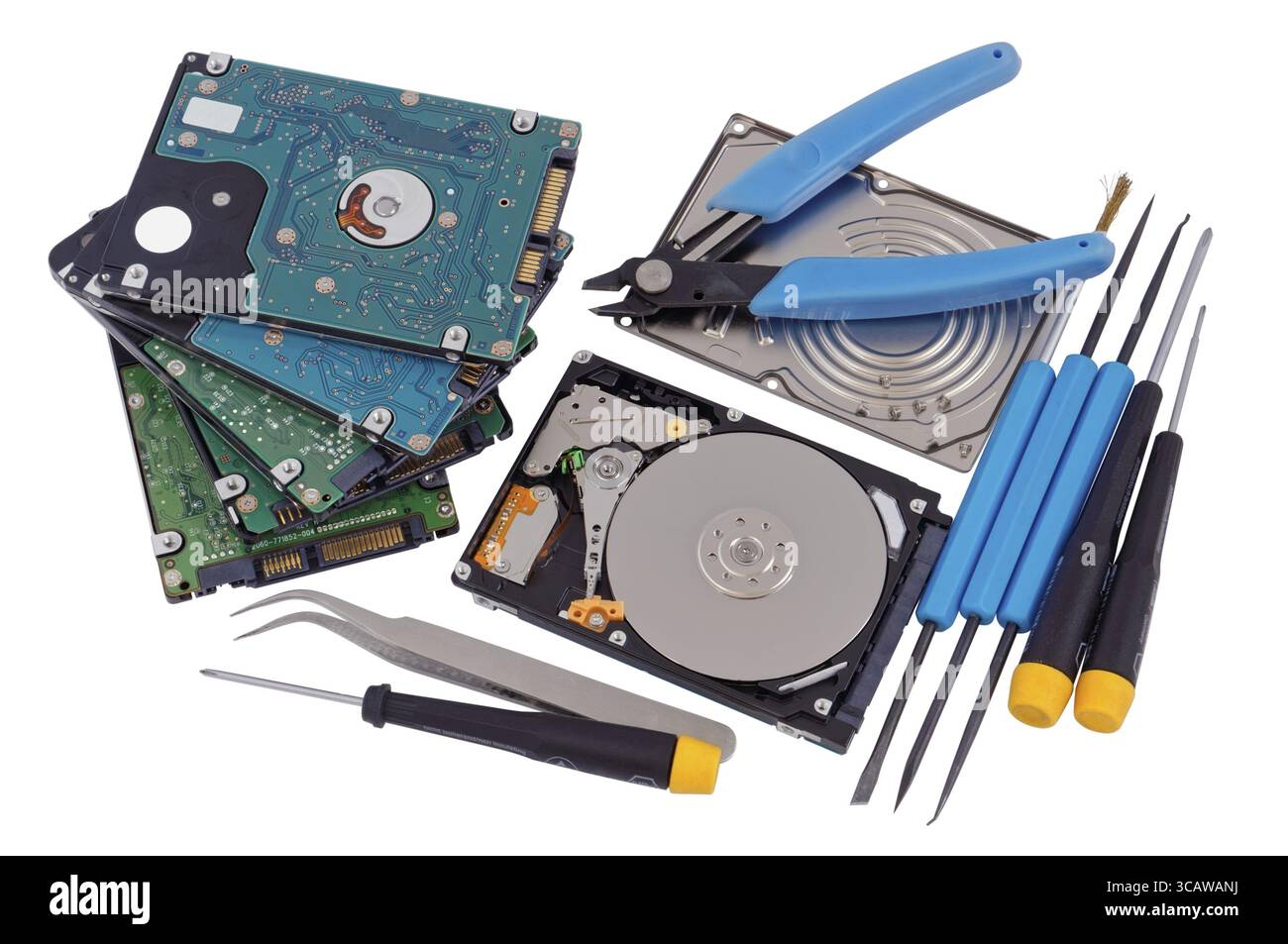Professionelle Reparatur moderner Laptopcomputer Festplattenkonzept. Isoliert mit Patches. Markierung von Standardwerkzeugen in Deutsch und Englisch - antistatisch, Stockfoto