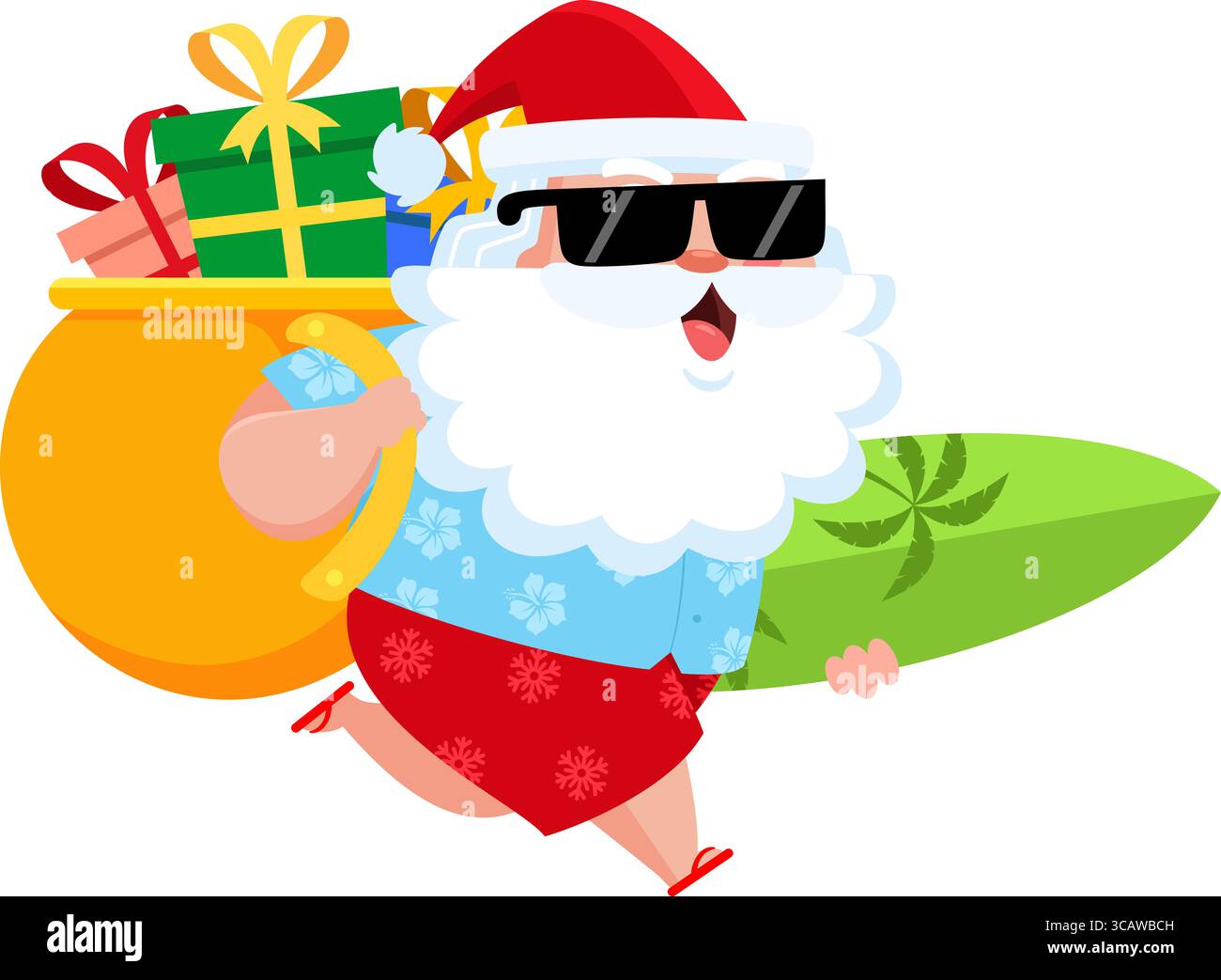 Sommer Weihnachtsmann läuft mit Surfbrett und Geschenktasche – Vektor-Illustration flaches Design isoliert auf transparentem Hintergrund Stockfoto