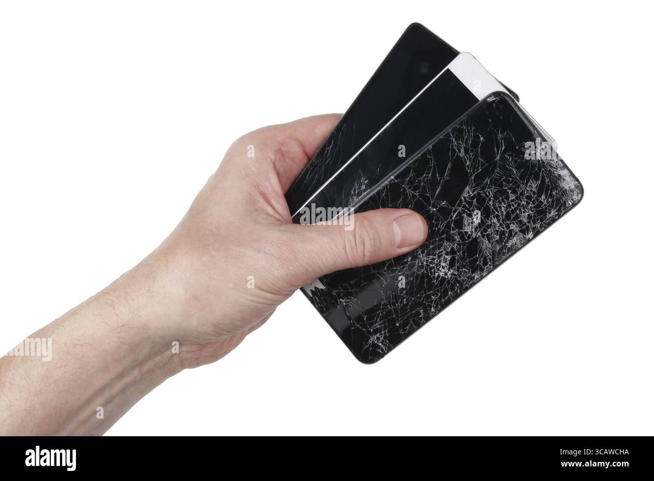 Der Benutzer hält ein defektes Smartphone ohne Namen in der Hand mit einem defekten Bildschirm. Alle Logos entfernt. Isoliert auf weiß Stockfoto