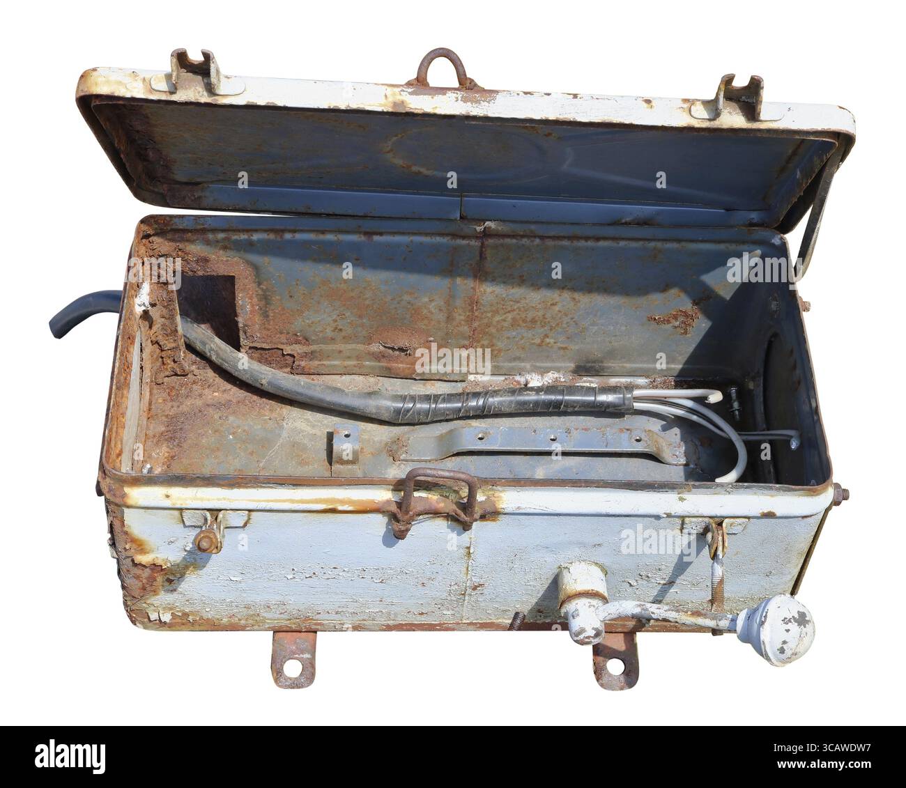 Die rostfreie Metallbox zur Stromverteilung. Isoliert auf weiß Stockfoto
