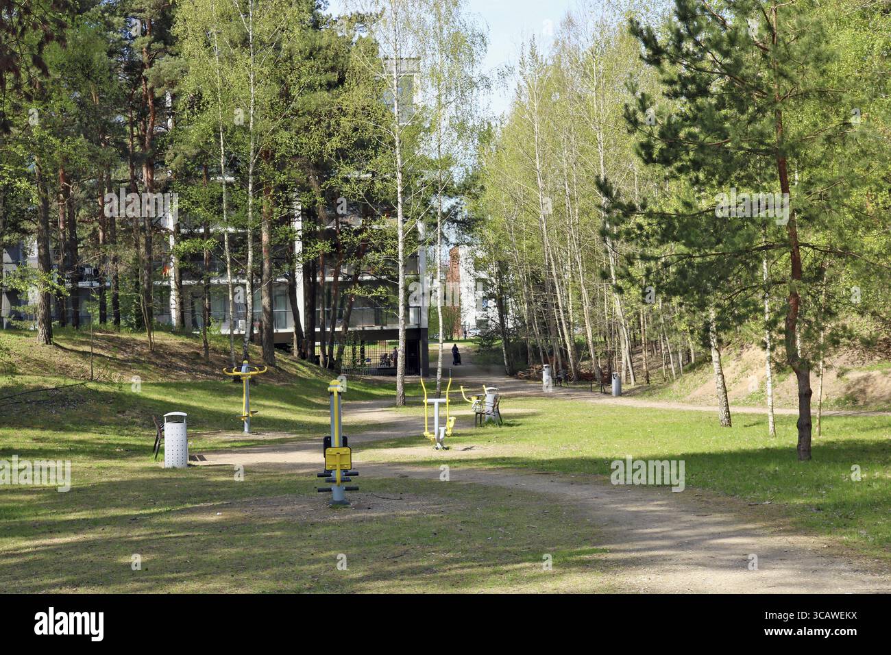 Einfache Sportsimulatoren befinden sich in der grünen Waldzone der modernen Stadt. Sonnige Frühlingslandschaft Stockfoto