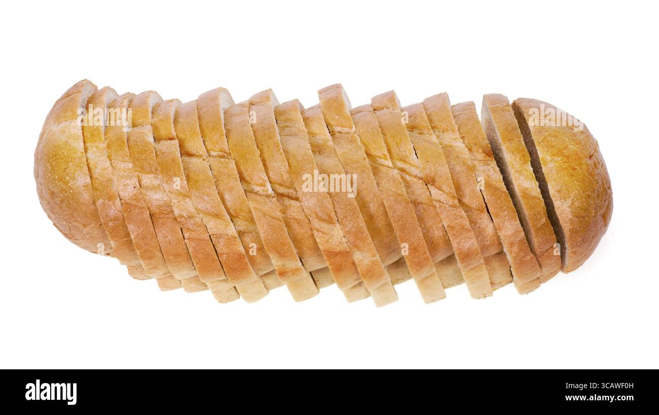 Fliegende weiße Weizenbrot schneiden Sie in kleine Stücke Closeup. Selektiven Fokus Stockfoto