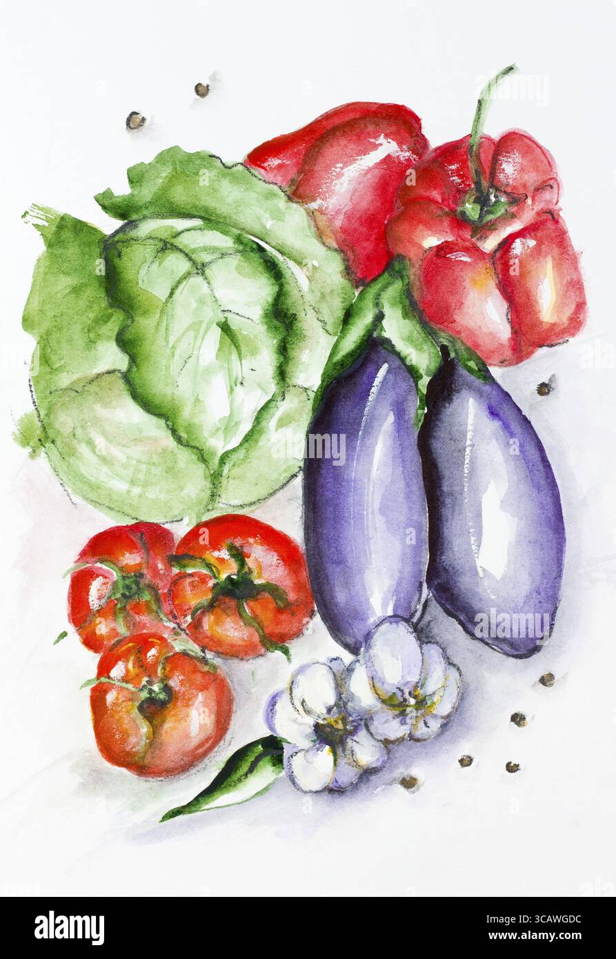 Frischen sommerlichen Gemüse Set - handgemachte Aquarell Malerei Illustration auf weißem Papier Kunst Hintergrund Stockfoto