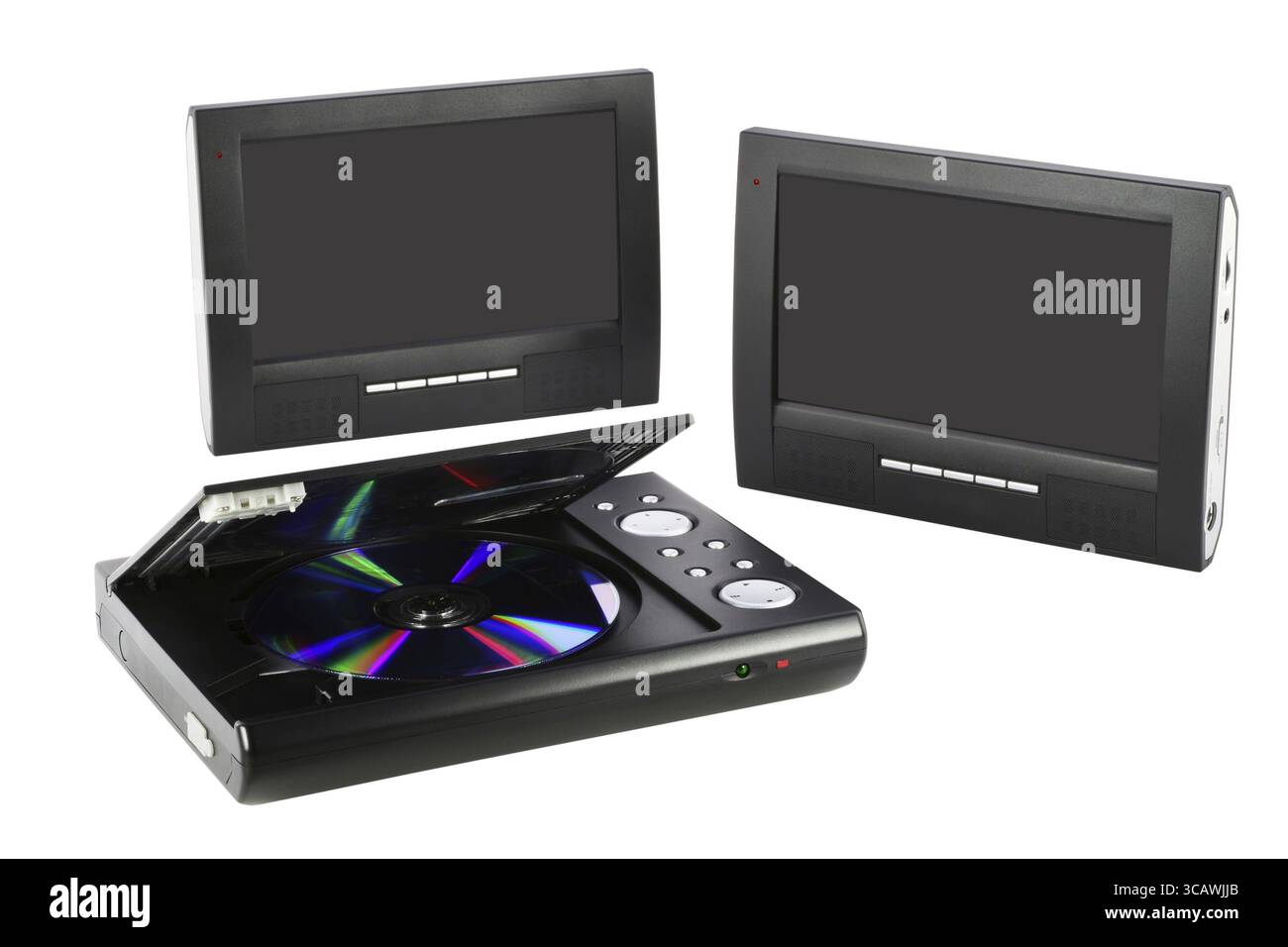 Isoliert auf weißem, kompaktem DVD-Gerät mit doppelten, klaren Bildschirmen. Massenproduktion Stockfoto