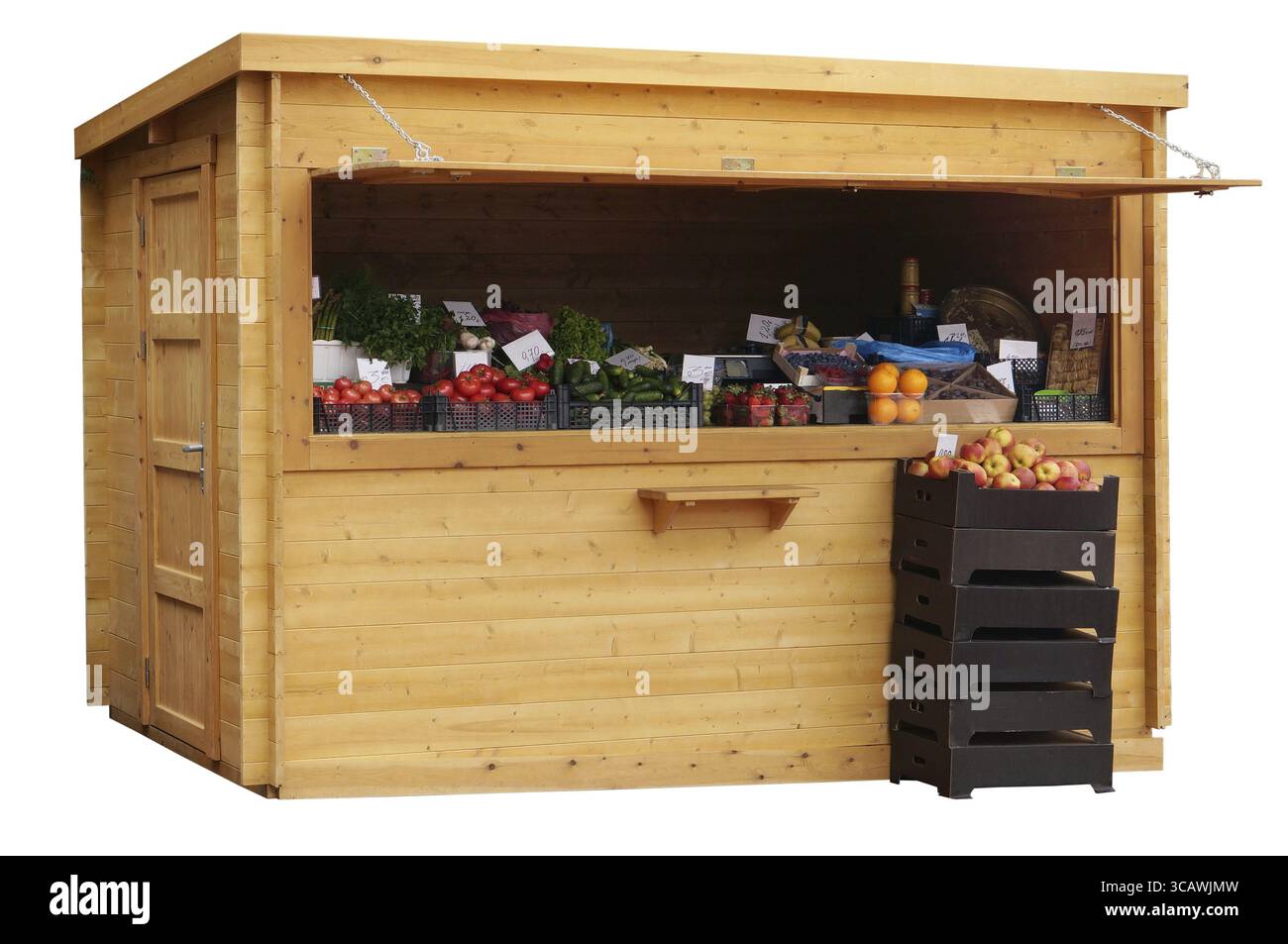 In einem hölzernen keinen Namen Straße stand verkaufen Obst und Gemüse. Isoliert Stockfoto