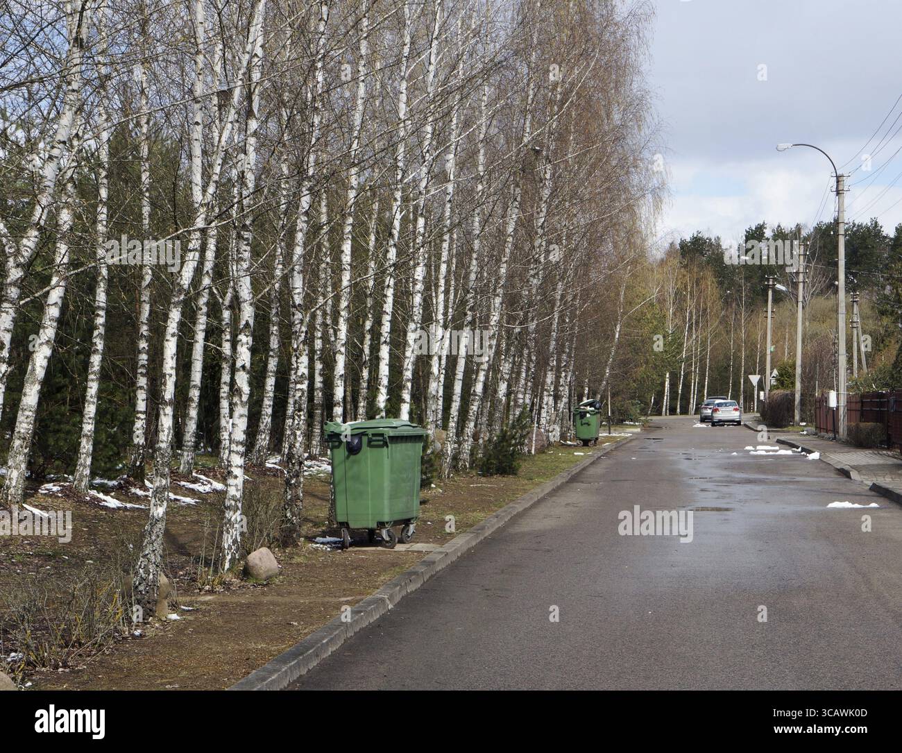 Grün Kunststoff Mülltonnen entlang der Straße in einem modernen europäischen Dorf installiert. Frühling rustikale Landschaft Stockfoto