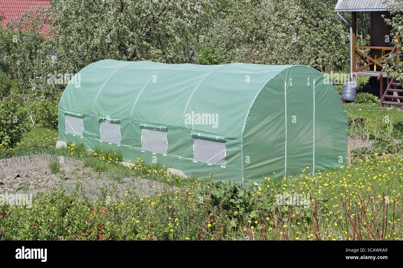 Das moderne Gewächshaus besteht aus Aluminiumrohren und ist mit Kunststoffen bedeckt. Ländliche, sonnige Frühlingslandschaft im Mai Stockfoto