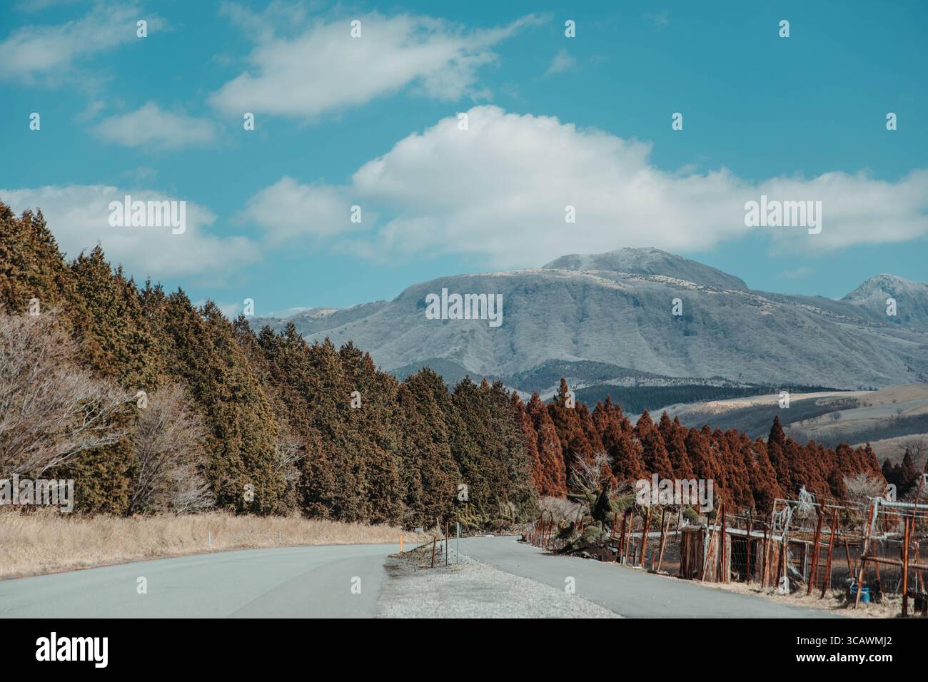 Dampfende Fumarolen und vulkanisches Gelände am Mount Unzen in der Präfektur Nagasaki, Japan, mit geothermischer Aktivität inmitten zerklüfteter Berglandschaft. Stockfoto