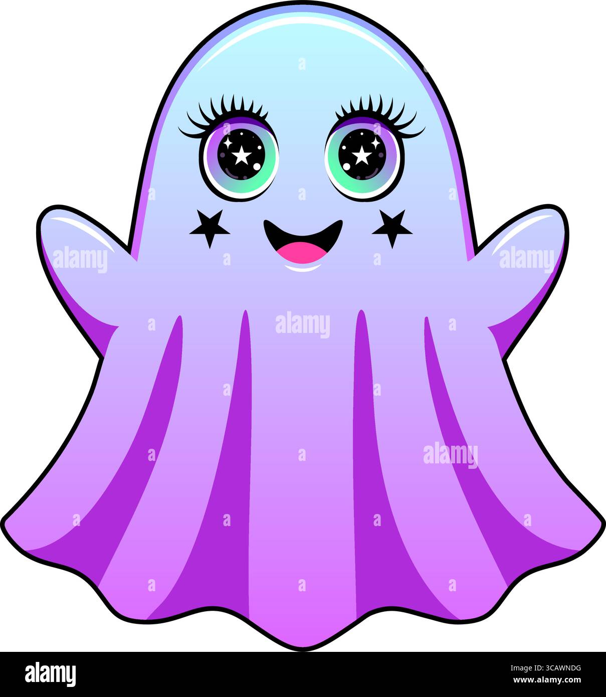 Freundlicher Geist mit funkelnden großen Augen, Sternen auf den Wangen und einem leuchtenden blau-violetten Farbverlauf. Stock Vektor