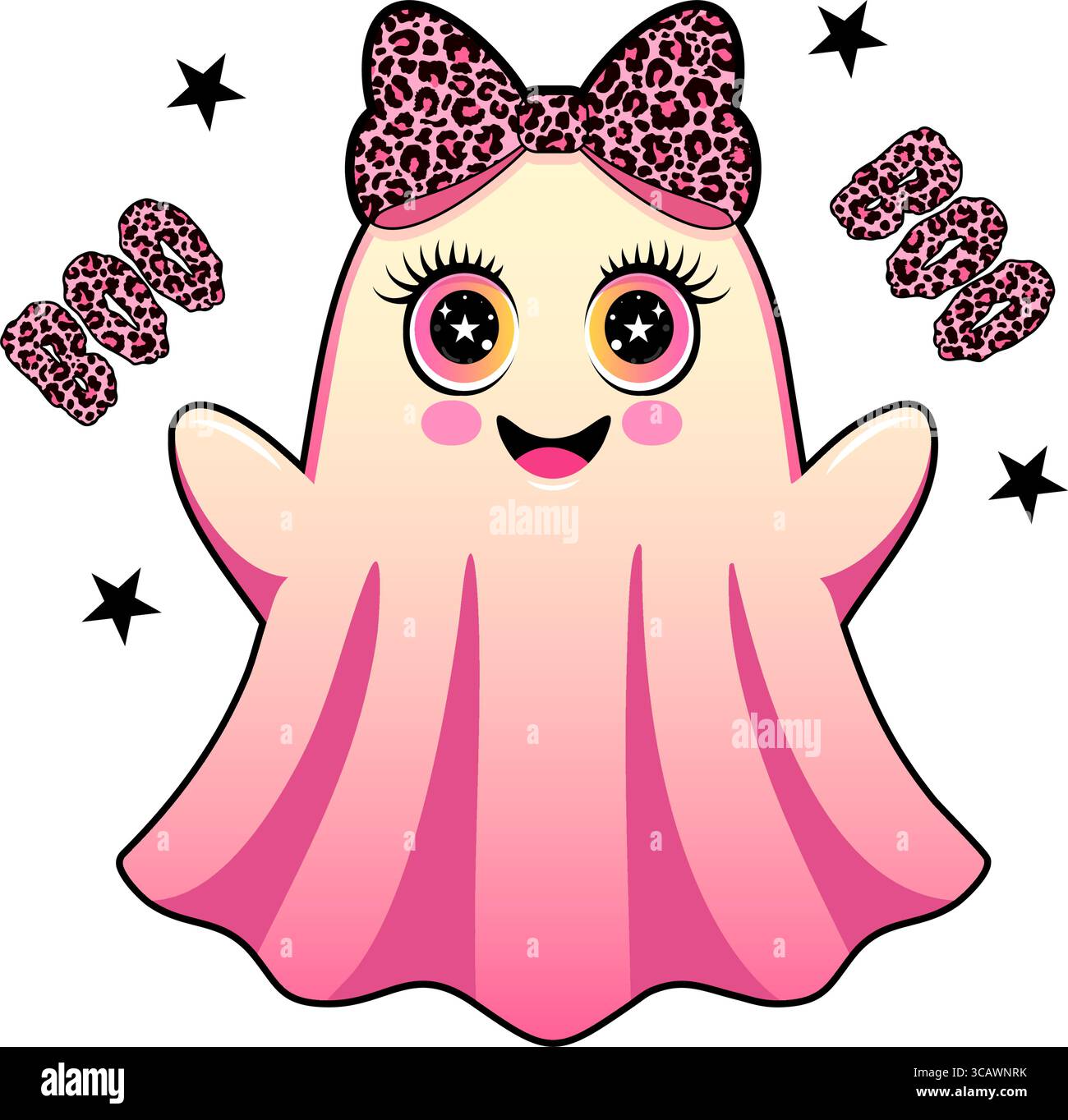 Kawaii-Geist mit Schleife mit Leopardenmuster und BUH-Text Stock Vektor