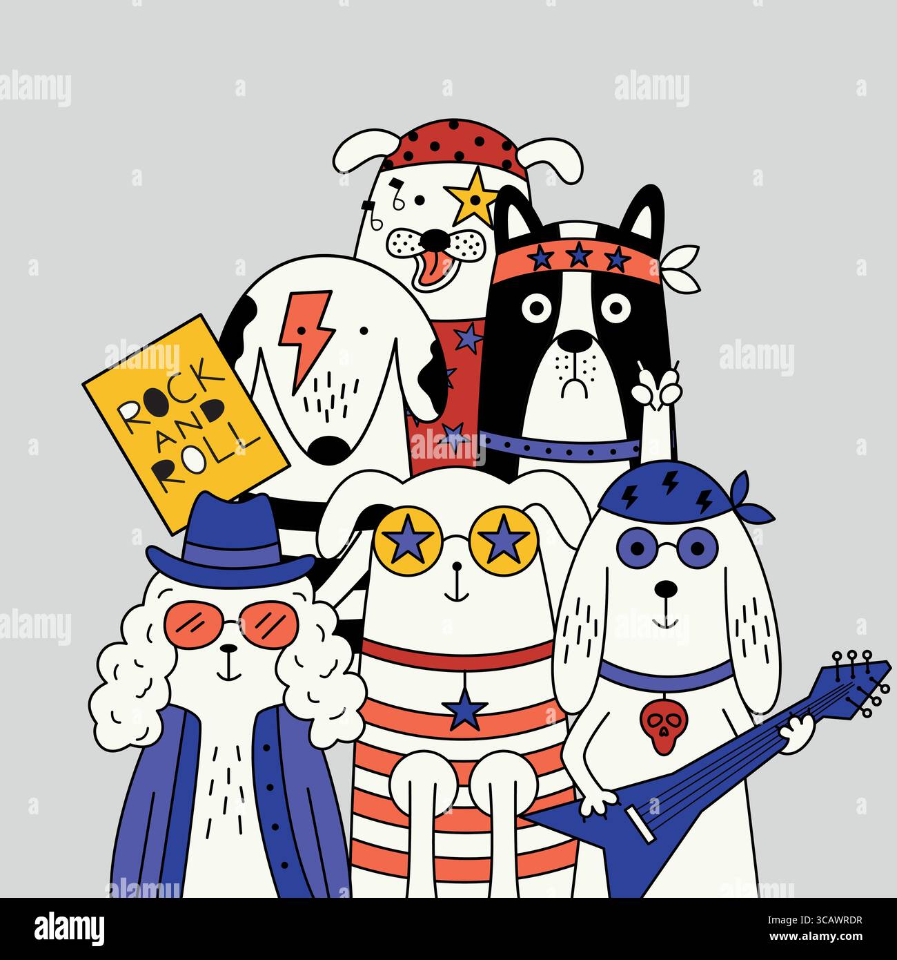 Coole Hunde als Musikband, die Gitarren spielt, Bandanas, Sonnenbrillen und lustige Accessoires trägt. Stock Vektor