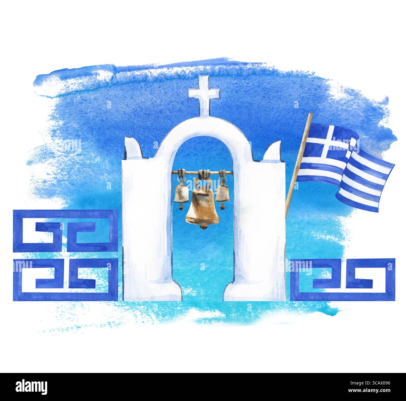 Aquarellkomposition mit einem griechischen Glockenturm aus weißem Stein, einer griechischen Flagge und geometrischen Ornamenten auf einem Hintergrund mit türkisfarbenen Flecken. Für sc Stockfoto