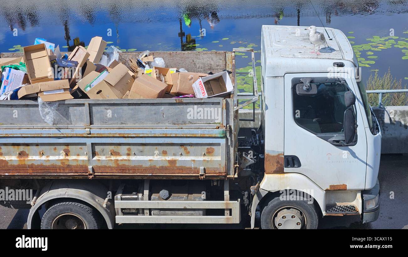 Rostiger Müllwagen von Canal mit Möwen und Kartonabfall. Städtisches Abfallmanagement und Recycling-Konzept. - Smartphone-aufgenommenes Stockfoto
