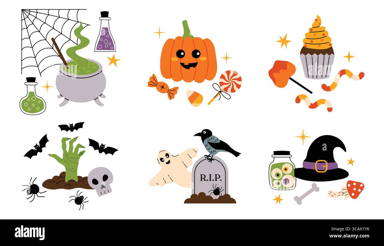 Set mit Halloween-Kompositionen mit Kürbis, Kessel, Süßigkeiten, Zombie-Hand, Hexenhut, Spinnen und mehr. Lustiger, flacher Cartoon-Style. Perfekt für gruselige Stock Vektor