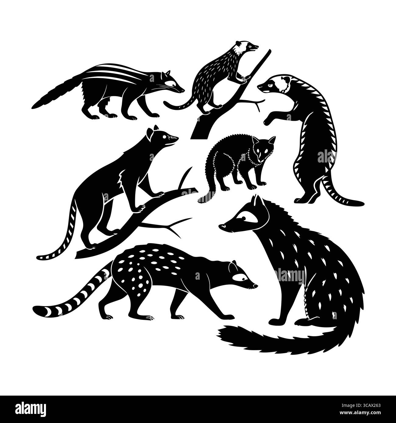 Flache schwarze Silhouette Illustration von afrikanischer Civet und exotischen Tieren auf weißem Hintergrund Stock Vektor