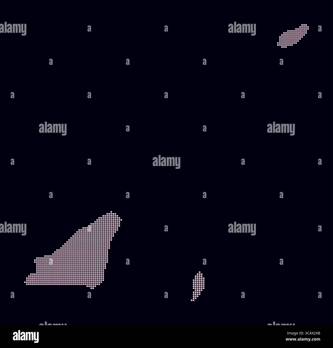 Gepunktete Guernsey-Karte. Digitale Landkarte des Landes auf dunklem Hintergrund. Guernsey-Form mit quadratischen Punkten. Farbige Punkte. Kleine Quadrate. Stock Vektor