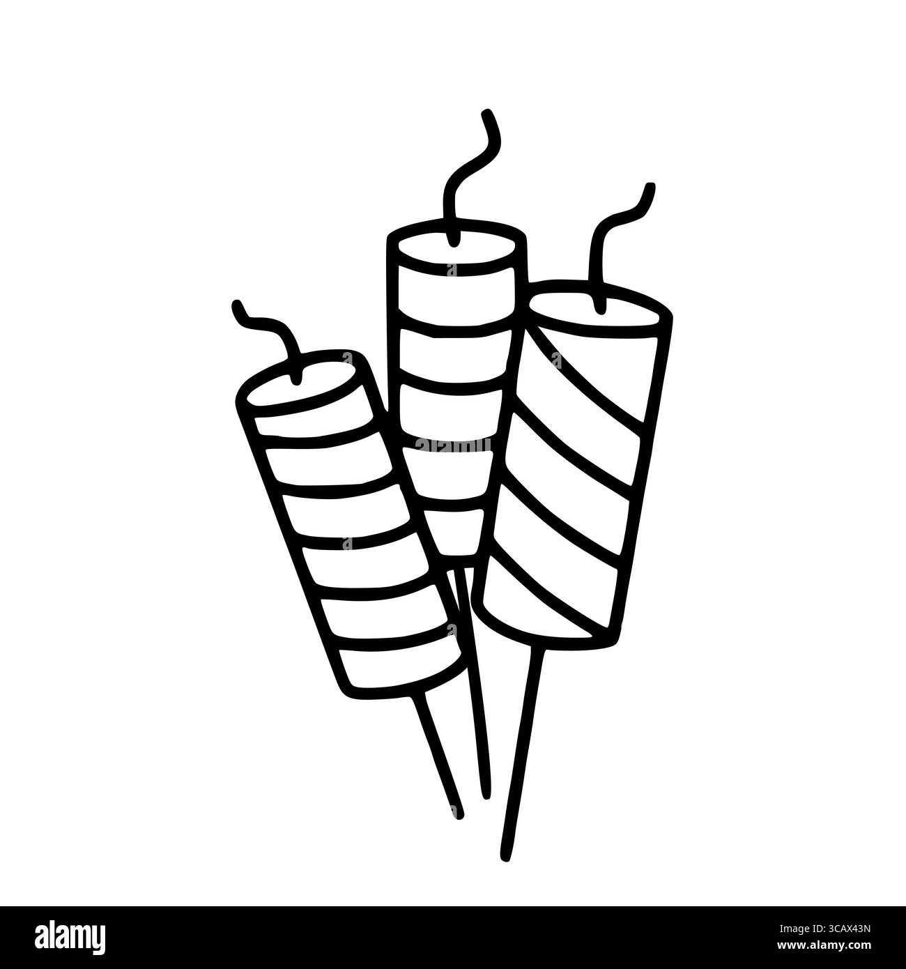 Eine Vektorillustration von drei stilisierten Feuerwerkskörpern mit diagonalen Streifen, mit handgezeichneter Ästhetik, perfekt für festliche Designs. Stock Vektor