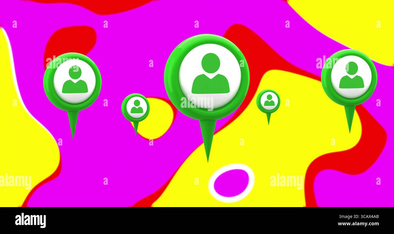 Schwebendes grünes Kartenzeigersymbol, das über digitale fließende Formen zeigt, mit weißen Akzenten des Benutzerausweises Stockfoto