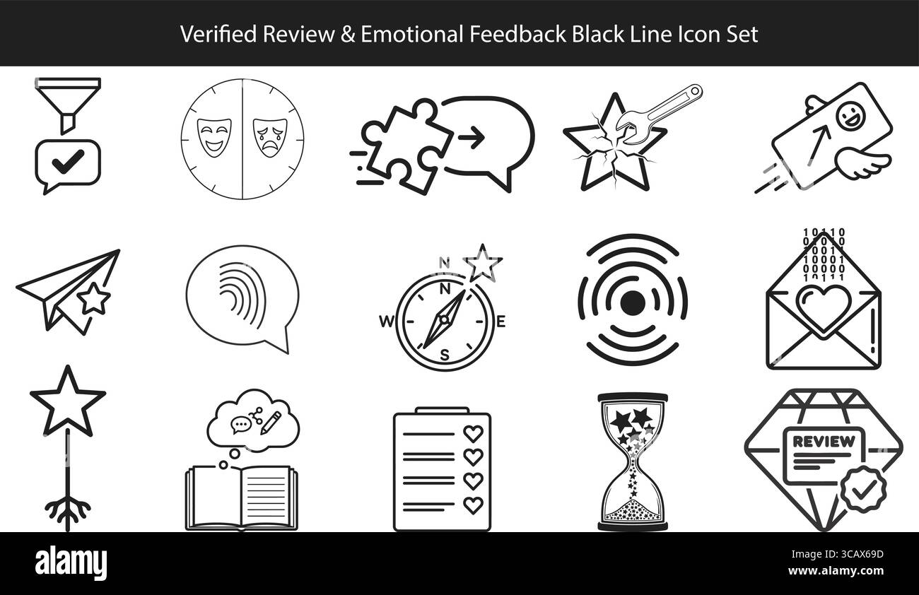 „Verified Review & Emotionales Feedback“-Set Mit Schwarzen Symbolen Stock Vektor