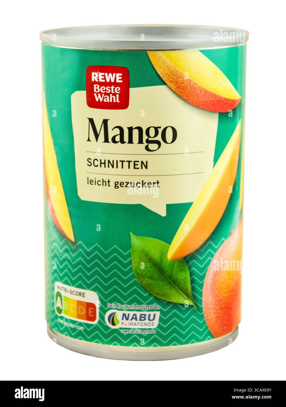 REWE Mango Schnitten Exotischer Früchte Dose Hintergrund weiß Stockfoto