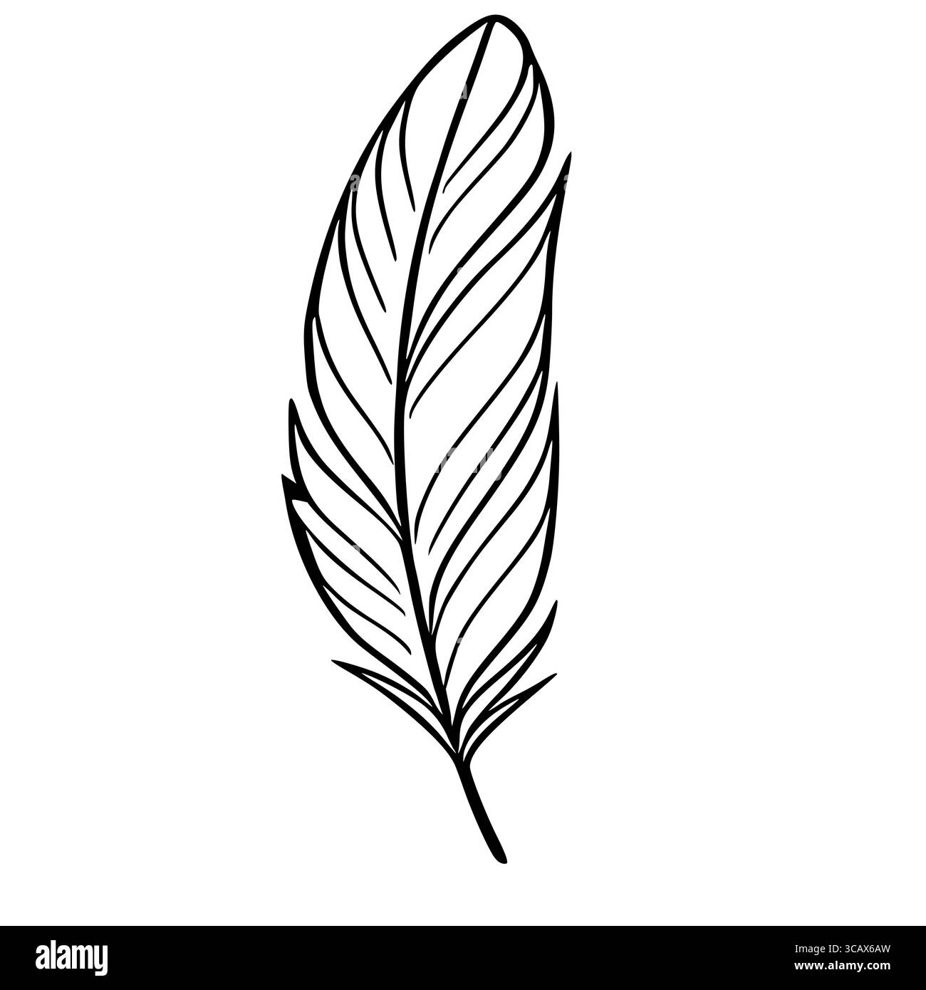 Elegante Vektor-Illustration einer einzelnen Feder mit detaillierter Strichgrafik, mit einem stilisierten Design mit parallelen Linien, die einen strukturierten Effekt schaffen. Stock Vektor