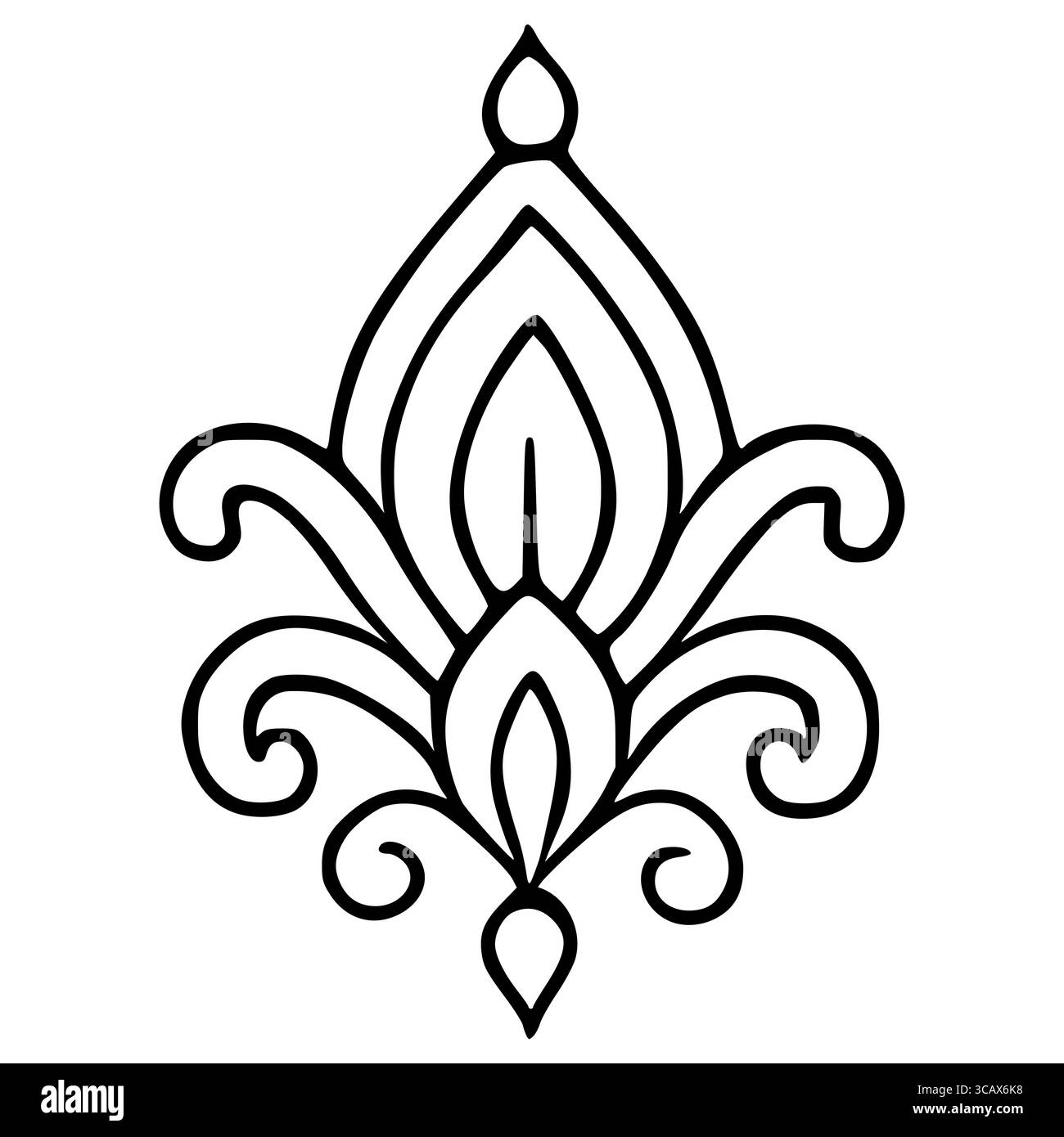 Elegantes schwarzes Vektor-Blumenschmuck mit symmetrischen Tropfen- und Wirbelelementen, perfekt für Einladungen, Logos oder dekorative Designprojekte. Stock Vektor