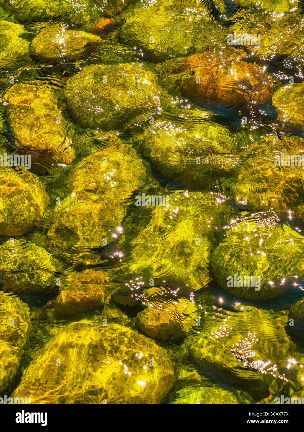 Glitzernde Grüne Steine Unter Kristallklarem Wasser. Lebendiges hochauflösendes Bild, ideal für Hintergrundbilder, digitales Marketing, soziale Medien und naturinspirierte Projekte Stockfoto