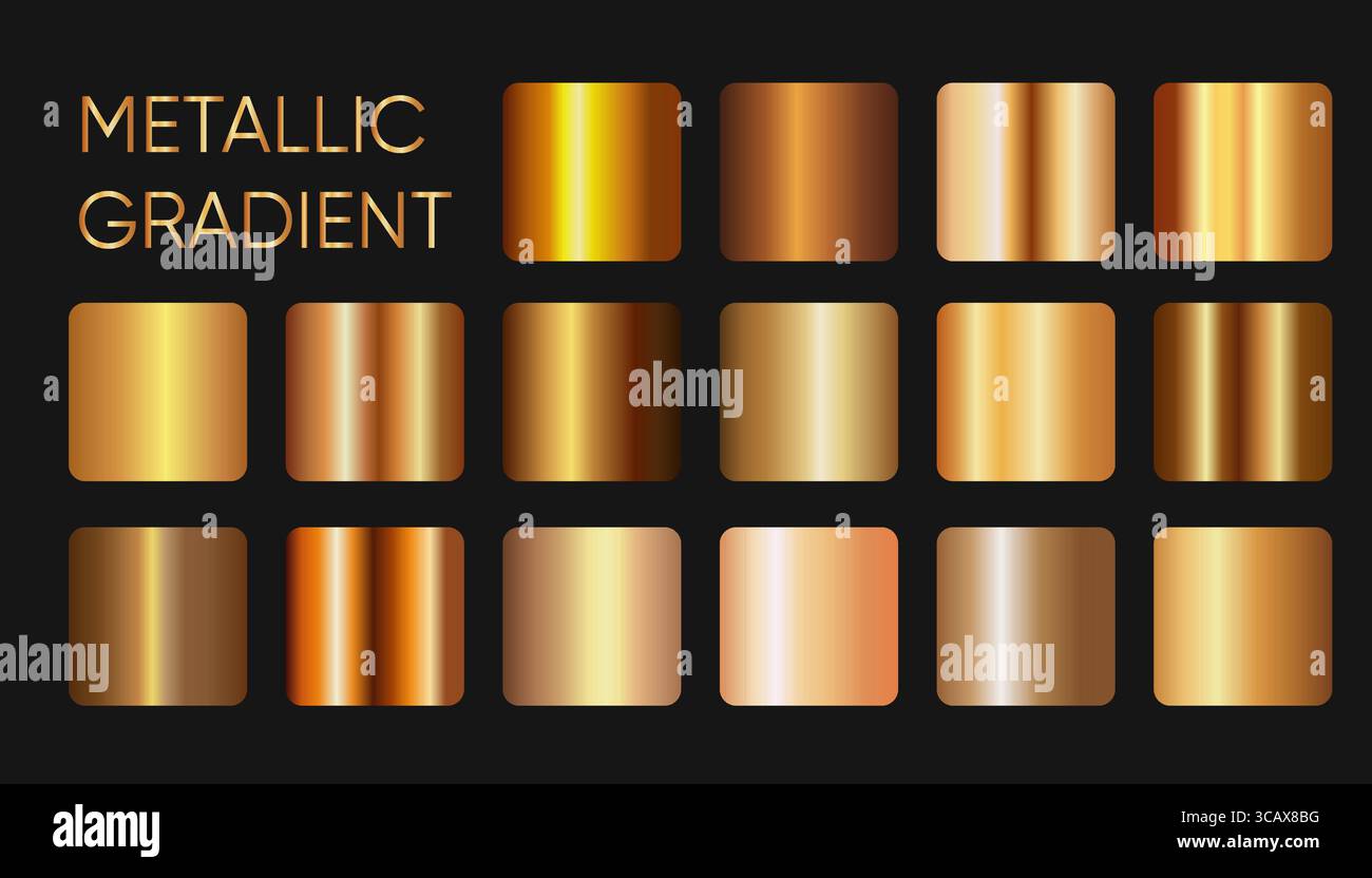 Sammlung quadratischer metallischer Farbverläufe in Gold- und Bronzetönen mit Glanz und Reflexion, perfekt für den digitalen Premium-Einsatz. Stock Vektor