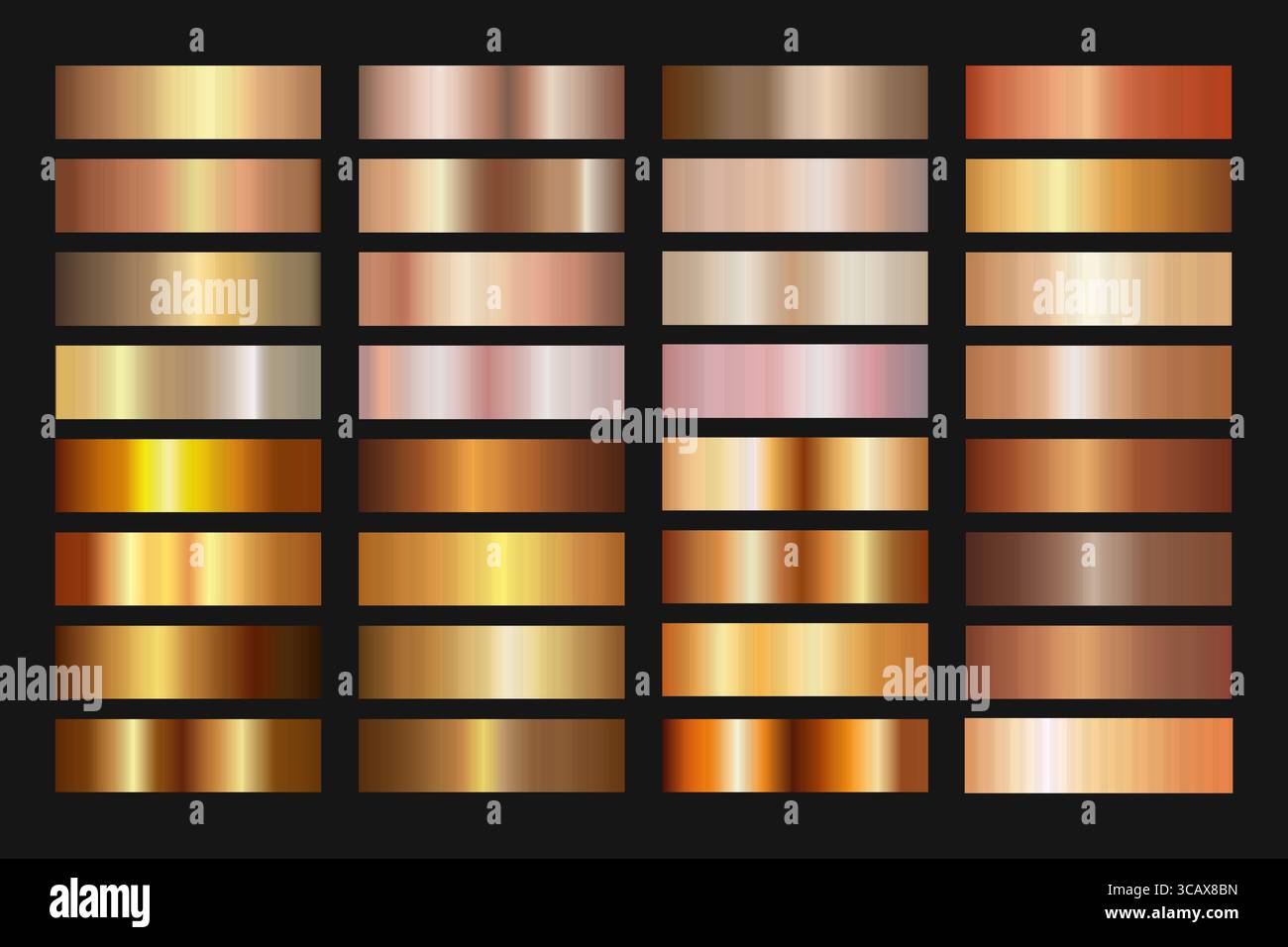 Umfangreiche Sammlung von Verläufen in Gold, Rose, Bronze, Champagner und warmen Tönen. Ideal für Premium-Branding und Web-Nutzung. Stock Vektor
