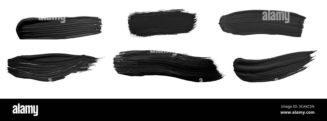 Schwarze Pinselstriche isoliert auf weißem Hintergrund. Abstrakte Kontur der Tinte. Pinselstrich mit Aquarell. Design-Modell. Stockfoto