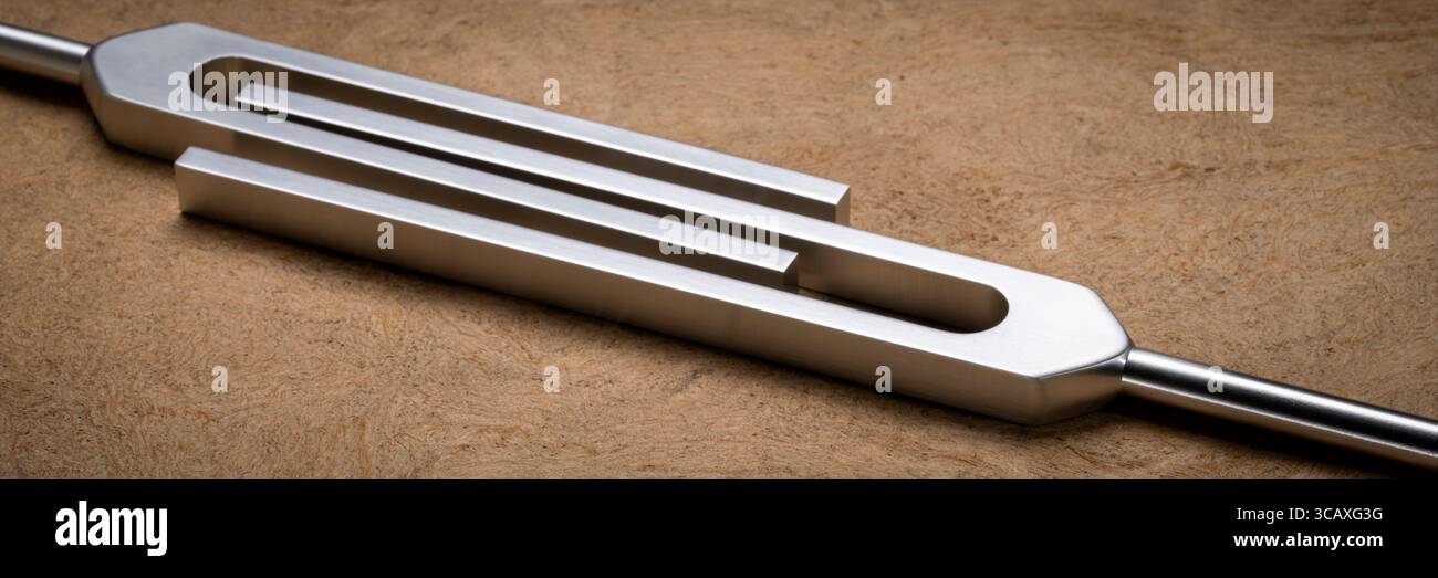Stimmgabeln aus Metall, die zum Stimmspiel von Musikinstrumenten, zur Klangtherapie, zur Chakra-Heilung oder Entspannung verwendet werden Stockfoto