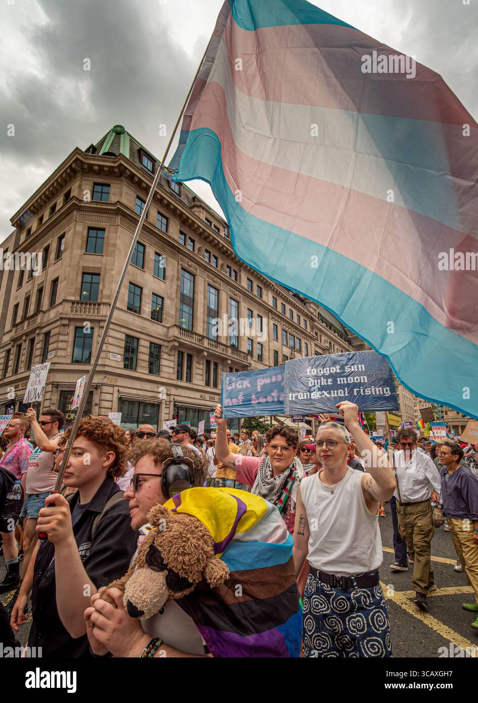Demonstranten marschieren mit einer großen Transgender-Stolz-Flagge während des jährlichen London Trans+ Pride Events, einer Demonstration für Trans Rights and Gleichheit, Großbritannien. Stockfoto